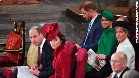 Harry, Meghan and Sophie, Countess of Wessex sit behind William and Kate inside Westminster Abbey.