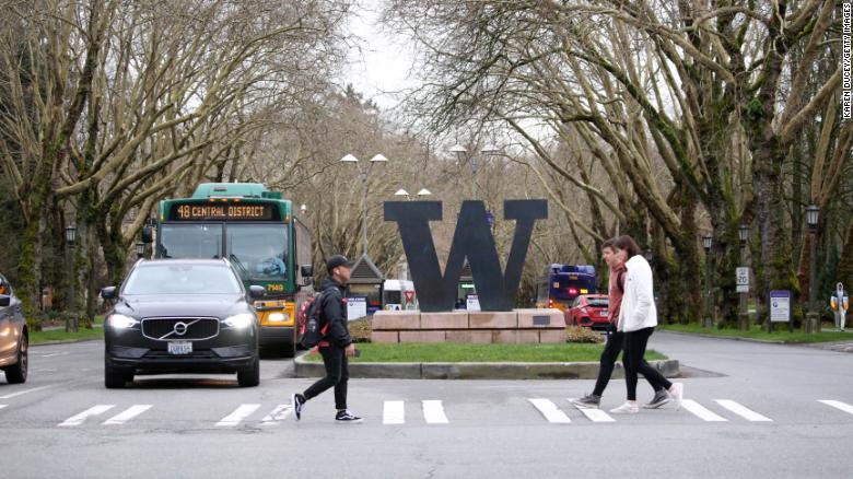 Students at the University of Washington are on campus for the last day of in-person classes on March 6, 2020 in Seattle, Washington.