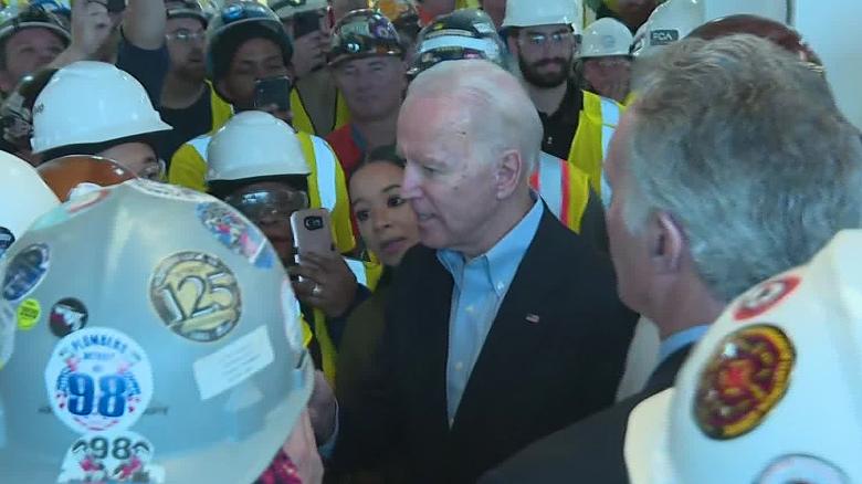 Joe Biden confronted on gun control by auto plant worker