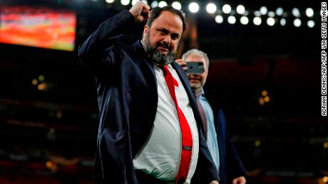 Evangelos Marinakis celebrates after Olympiacos&#39; Europa league victory over Arsenal