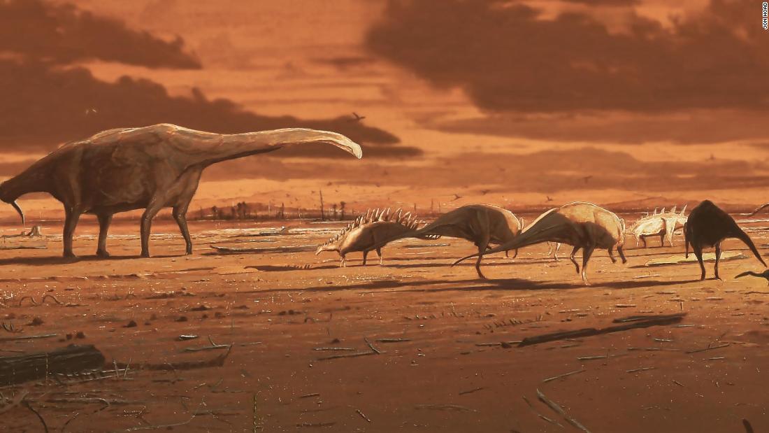 This is an artist&#39;s impression of dinosaurs on prehistoric mudflat in Scotland, based on varied dinosaur footprints recovered on the Isle of Skye. 