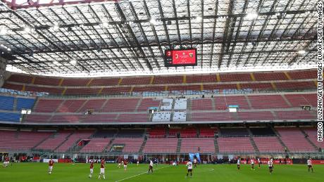 MILAN, ITALY - MARCH 08:  A general view of play in the empty stadium after rules to limit the spread of Covid-19 were put in place for the Serie A match between AC Milan and Genoa CFC at Stadio Giuseppe Meazza (also known as the San Siro stadium) on March 8, 2020 in Milan, Italy.  (Photo by Marco Luzzani/Getty Images)