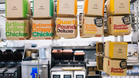 Cardboard sandwich containers in the McDonald&#39;s test restaurant at their global headquarters. (Taylor Glascock for CNN)
