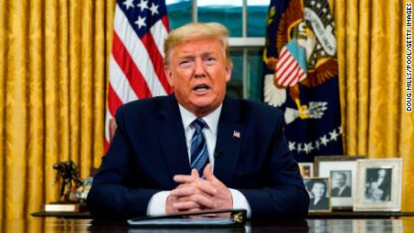 US President Donald Trump addresses the Nation from the Oval Office about the widening novel coronavirus (Covid-19) crisis in Washington, DC on March 11, 2020. - President Donald Trump announced on Monday the United States would ban all travel from Europe for 30 days starting to stop the spread of the coronavirus outbreak. (Photo by Doug Mills / POOL / AFP) (Photo by DOUG MILLS/POOL/AFP via Getty Images)