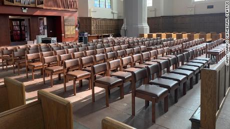 Empty rows at Saint Mark&#39;s Episcopal Cathedral in
 Seattle, Washington. 