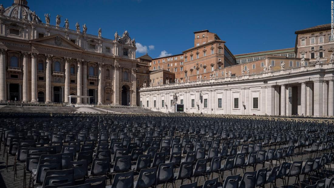 Empty chairs are lined up at the Vatican before the Pope&#39;s Sunday Angelus prayer was &lt;a href=&quot;https://www.cnn.com/2020/03/06/world/religion-modify-traditions-coronavirus-trnd/index.html&quot; target=&quot;_blank&quot;&gt;streamed via video&lt;/a&gt; on March 8. He later appeared briefly at the window to bless a small number of people gathered in St. Peter&#39;s Square.