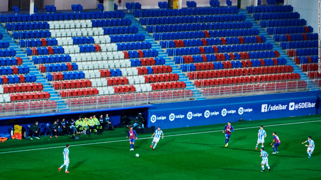 A general view inside the empty stadium as fans cannot attend the match between Eibar and Real Sociedad in La Liga.
