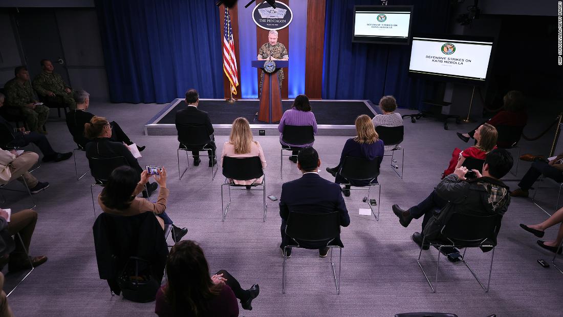 Reporters in Arlington, Virginia, sit approximately 4 feet apart during a briefing by Marine Corps Gen. Kenneth F. McKenzie on March 13, 2020.