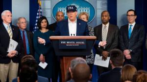 US President Donald Trump gives a press briefing about the Coronavirus (COVID-19) alongside members of the Coronavirus Task Force in the Brady Press Briefing Room at the White House in Washington, DC, March 14, 2020. - President Donald Trump says he has taken coronavirus test, no result yet. (Photo by JIM WATSON / AFP) (Photo by JIM WATSON/AFP via Getty Images)