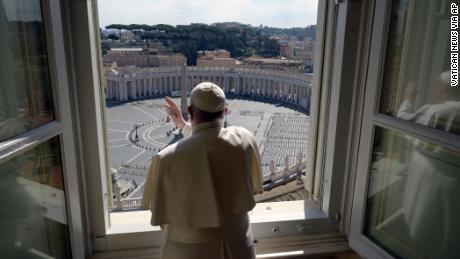 Pope Francis delivers his weekly blessing to an empty St. Peter&#39;s Square on Sunday, March 15, 2020. 