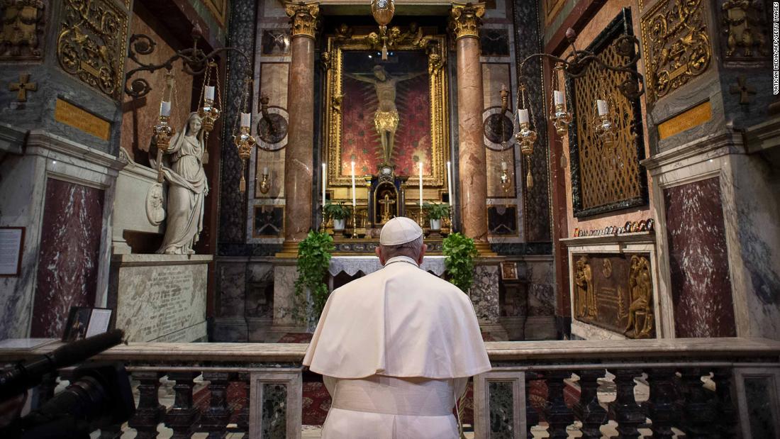 Pope Francis, inside the Church of San Marcello in Rome&#39;s city center,&lt;a href=&quot;http://edition.cnn.com/2020/03/16/europe/pope-francis-prayer-coronavirus-plague-crucifix-intl/index.html&quot; target=&quot;_blank&quot;&gt; prays at a famous crucifix&lt;/a&gt; that believers claim helped to save Romans from the plague in 1522.