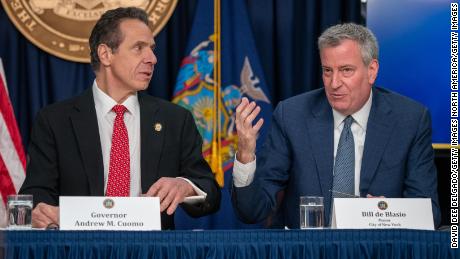 NEW YORK, NY - MARCH 2: New York state Gov. Andrew Cuomo and New York City Mayor Bill DeBlasio speak during a news conference on the first confirmed case of COVID-19 in New York on March 2, 2020 in New York City. A female health worker in her 30s who had traveled in Iran contracted the virus and is now isolated at home with symptoms of COVID-19, but is not in serious condition. Cuomo said in a statement that the patient &quot;has been in a controlled situation since arriving to New York.&quot;  (Photo by David Dee Delgado/Getty Images)