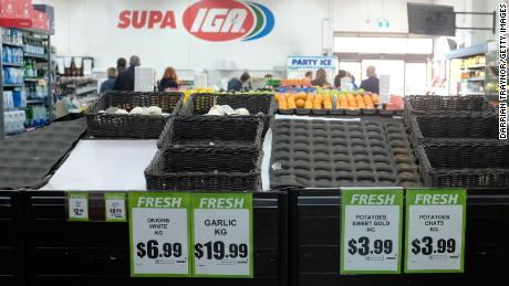 Grocery store shelves are seen with low stock  on March 16 in Melbourne, Australia.