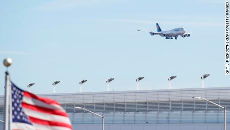 Lufthansa Airlines Boeing 747-8 lands at O&#39;Hare International Airport in Chicago, Illinois, on March 13, 2020. - A minute before midnight today the US will enact a ban on travellers from a large number of European countries in an effort to stem the spread of coronavirus. (Photo by KAMIL KRZACZYNSKI/AFP/Getty Images)