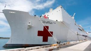 The US Naval Hospital Ship Comfort sits docked at the Port of Miami in Miami, Florida on June 18, 2019. - The ship will head to Central America, South America and the Caribbean on a five month hospital medical assistance mission. (Photo by RHONA WISE / AFP)        (Photo credit should read RHONA WISE/AFP via Getty Images)