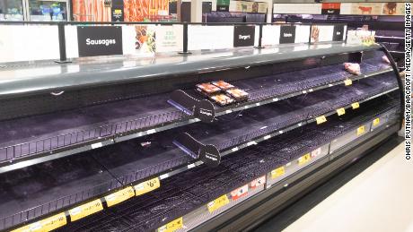 Empty meat product shelves in an Australian supermarket after panic buying due to the COVID-19 Coronavirus.