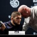 LAS VEGAS, NV - OCTOBER 04:  UFC President Dana White (R) speaks with UFC lightweight champion Khabib Nurmagomedov during a press conference for UFC 229 at Park Theater at Park MGM on October 04, 2018 in Las Vegas, Nevada. Nurmagomedov will defend his title against Conor McGregor at UFC 229 on October 6 at T-Mobile Arena in Las Vegas, Nevada.  (Photo by Isaac Brekken/Getty Images)