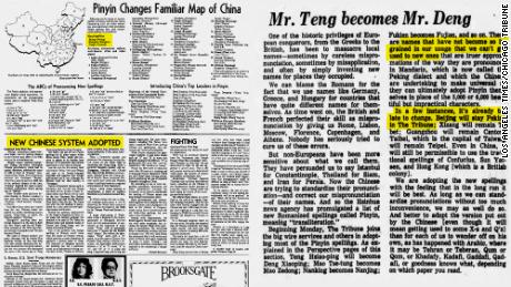 The Los Angeles Times (left) and Chicago Tribune (right) introduce Pinyin, a Chinese romanization system, to their readers in 1979. This image has been modified for clarity. 