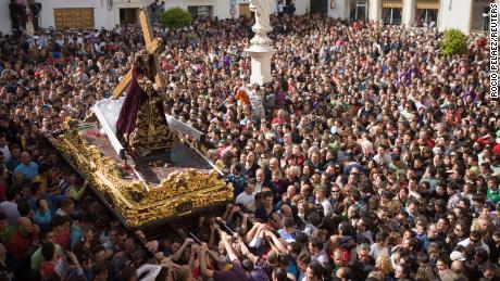 Crowds watch the procession during Holy Week in Priego de Cordoba in 2009.