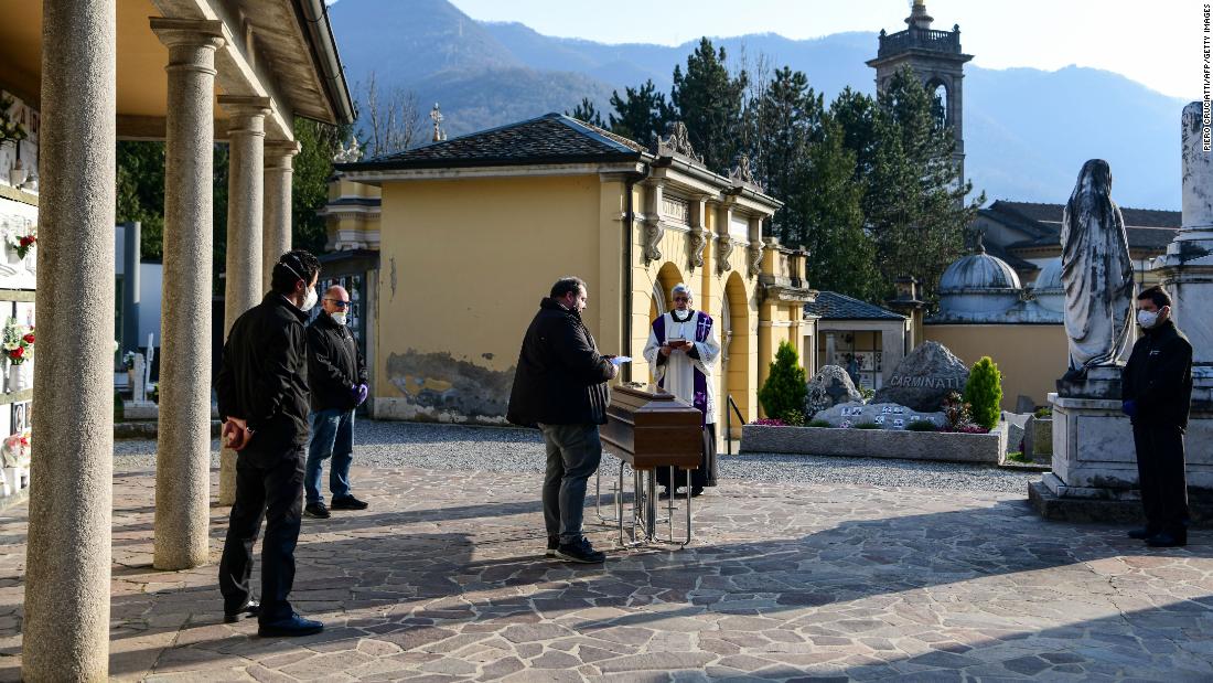 A funeral service is held without family members in Bergamo, Italy, on March 21, 2020.