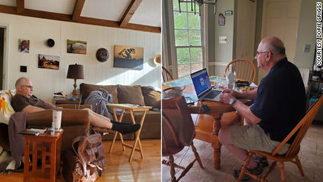 Dorie Griggs of Roswell, Georgia, snapped these photos of her husband, a photographer, who edits from home. &quot;Stanley&#39;s afternoon attire went upscale for a virtual meeting/dinner conference,&quot; Griggs joked.