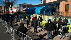 NEW YORK, NY - MARCH 24: People line up outside Elmhurst Hospital to get tested for the coronavirus on March 24, 2020 in the Queens Borough of New York City. New York City has about a third of the nations confirmed coronavirus (COVID-19) cases, making it the epicenter of the outbreak in the United States. (Photo by Eduardo Munoz Alvarez/Getty Images)