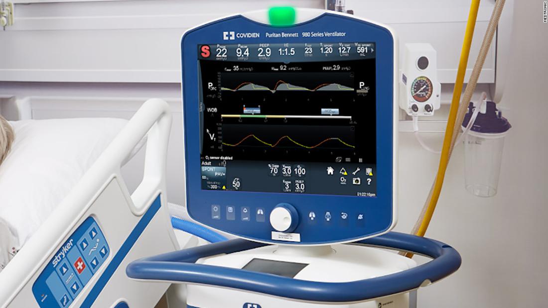 One of Medtronic&#39;s premium ventilator machines. Some of its components are highly specialized, and, the company says, require trained in-house workers.