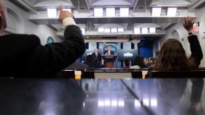 President Donald Trump speaks about the coronavirus, accompanied by Vice President Mike Pence, in the James Brady Briefing Room, Monday, March 23, 2020, in Washington. 