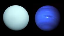 Left: Arriving at Uranus in 1986, Voyager 2 observed a bluish orb with subtle features. A haze layer hid most of the planet&#39;s cloud features from view. Right: This image of Neptune was produced from Voyager 2 and shows the Great Dark Spot and its companion bright smudge.
Credits: Left: NASA/JPL-Caltech - Right: NASA
