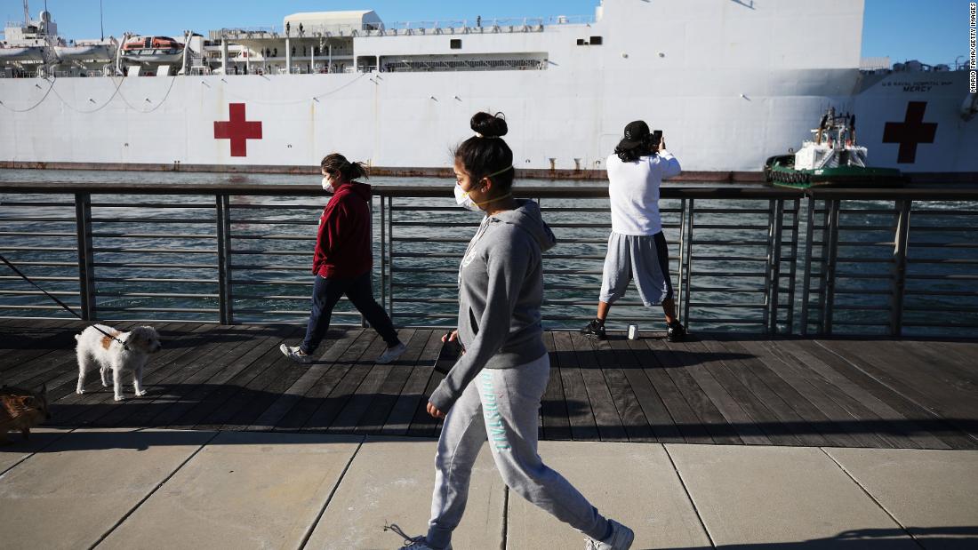 People wearing face masks walk near the USNS Mercy after the Navy hospital ship arrived in the Los Angeles area &lt;a href=&quot;http://www.cnn.com/2020/03/27/us/california-hospital-ship-trnd/index.html&quot; target=&quot;_blank&quot;&gt;to assist local hospitals&lt;/a&gt; dealing with the coronavirus pandemic.