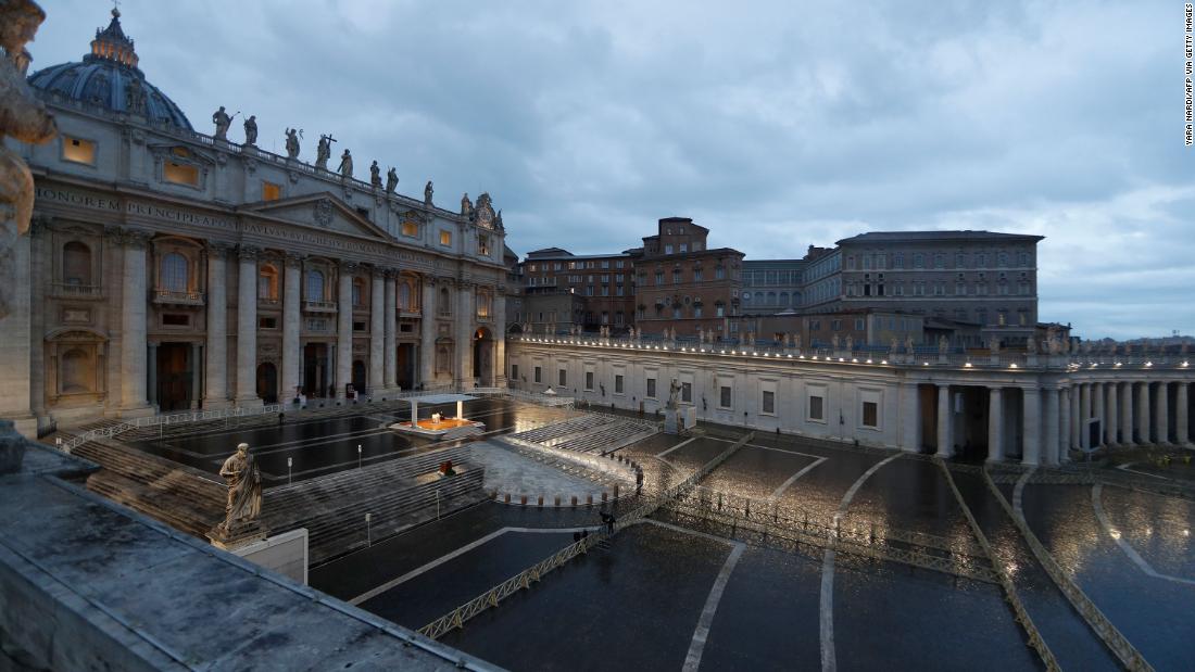 Pope Francis prays in an empty St. Peter&#39;s Square on March 27, 2020.