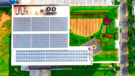 DBW from the air. The roof is fitted out with solar panels and a garden, and is painted with light-reflecting paint. 