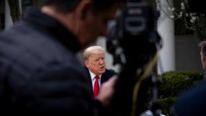 WASHINGTON, DC - MARCH 24: U.S. President Donald Trump participates in a Fox News Virtual Town Hall with Anchor Bill Hemmer, in the Rose Garden of the White House on March 24, 2020 in Washington, DC. Cases of COVID-19 continue to rise in the United States, with New York's case count doubling every three days according to governor Andrew Cuomo.  (Photo by Doug Mills-Pool/Getty Images)