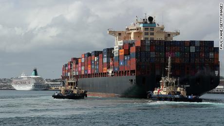 A Maersk container ship docks in Fremantle, Australia on March 27, 2020.