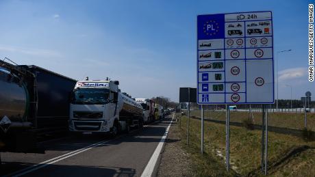 Trucks wait to be processed at the Polish-Ukrainian border.