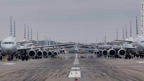 Grounded American Airline jets in Pittsburgh. The US airline industry has grounded hundreds of jets due to the huge drop in demand for air travel.