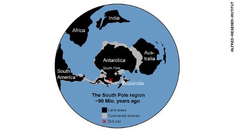 This map shows how the continents were arranged 90 million years ago. A red X marks the drill site. 