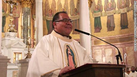 The Rev. Jorge Ortiz-Garay speaking from the pulpit of St. Brigid&#39;s Church in Wyckoff Heights, Brooklyn.