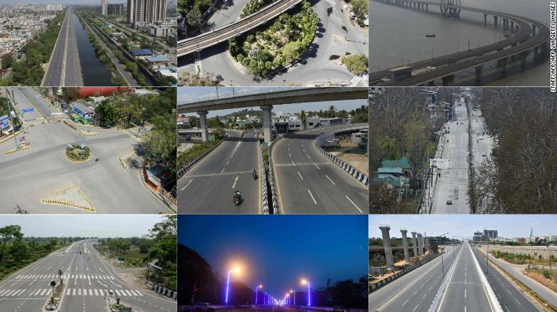 These pictures taken on March 25 show deserted streets across India. The top row, from left to right, shows Ghaziabad, New Delhi, Mumbai. The middle row, left to right, is Allahabad, Chennai, Kashmir. The bottom row, left to right, depicts Siliguri, Kolkata, and Bangalore.