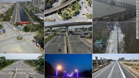 These pictures taken on March 25 show deserted streets across India. The top row, from left to right, shows Ghaziabad, New Delhi, Mumbai. The middle row, left to right, is Allahabad, Chennai, Kashmir. The bottom row, left to right, depicts Siliguri, Kolkata, and Bangalore.