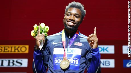 DOHA, QATAR - OCTOBER 02: Gold medalist Noah Lyles of the United States stands on the podium during the medal ceremony for the Men&#39;s 200 metres final during day six of 17th IAAF World Athletics Championships Doha 2019 at Khalifa International Stadium on October 02, 2019 in Doha, Qatar. (Photo by Michael Steele/Getty Images)
