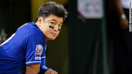 Shin-Soo Choo of the Texas Rangers looks on from the dugout during the eighth inning against the Oakland Athletics on September 20, 2019 in Oakland, California.