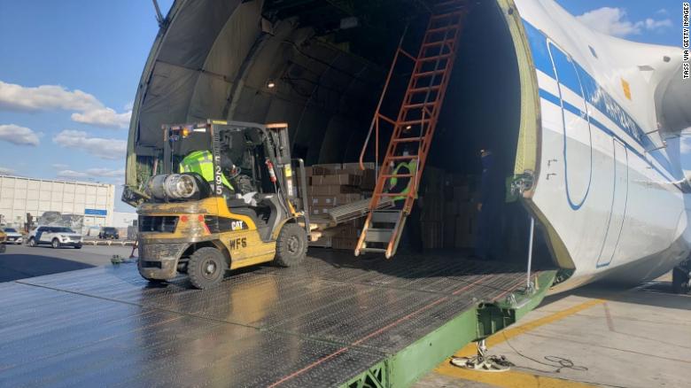 A Russian plane carrying medical equipment is unloaded at New York&#39;s JFK airport Wednesday.