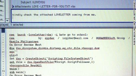 A screenshot showing a copy of the ILOVEYOU virus email which spread around the world in May 2000.