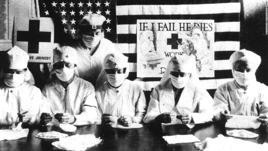 Red Cross volunteers wore face masks during the flu pandemic of 1918.