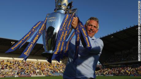 Gary Lineker poses for a picture with the Premier League Trophy prior to the pre-season friendly between Oxford City and Leicester City at Kassam Stadium on July 19, 2016 in Oxford, England.