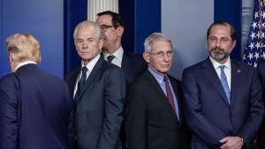 U.S. President Donald Trump exits after speaking and not taking any questions during a press briefing with the White House Coronavirus Task Force team in the press briefing room of the White House March 9, 2020 in Washington, DC. Also pictured, from L-R, Economic Advisor Peter Navarro, Treasury Secretary Steve Mnuchin, Dr. Anthony Fauci, director of the National Institute of Allergy and Infectious Diseases,Secretary of Health and Human Services, Alex Azar, Secretary of Health and Human Services, and Robert Redfield, Director of the Centers for Disease Control and Prevention. President Trump said he will hold a press conference on Tuesday concerning COVID-19 and other topics. 