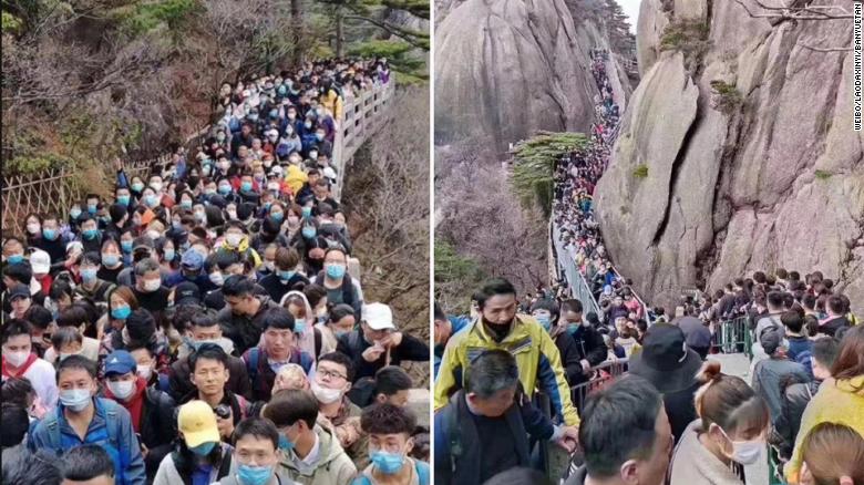 Visitors pack Anhui province&#39;s Huangshan mountain park on April 4, exceeding the visitor limit of 20,000.