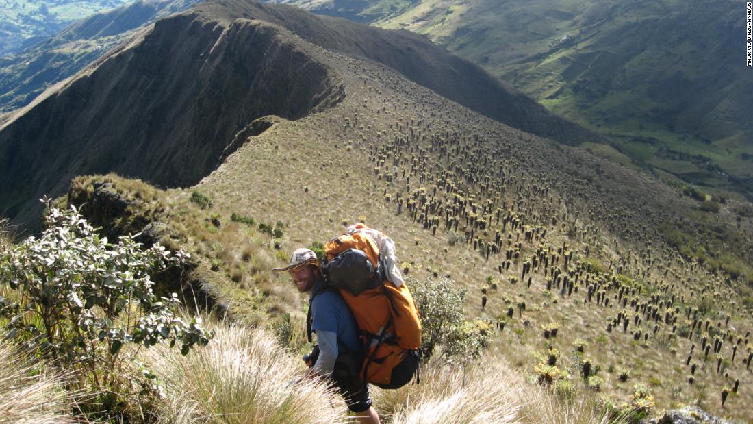 Diazgranados hiking in Pisba National Park, Boyaca in 2009 on an expedition to collect frailejones.