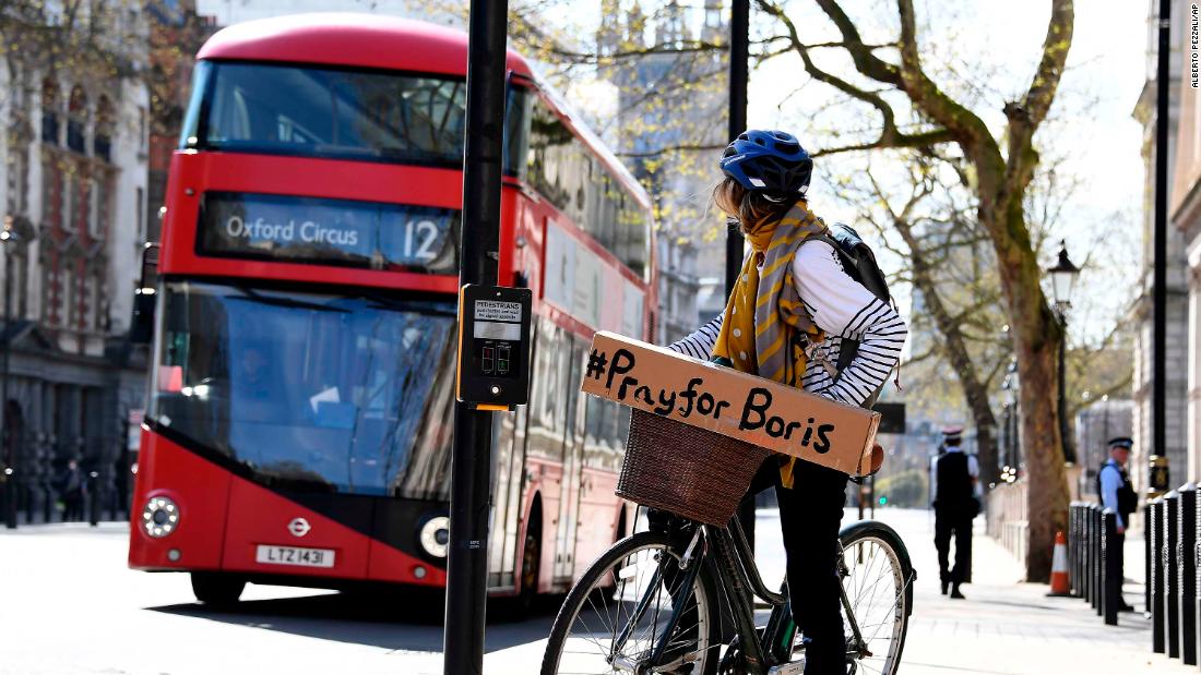 A woman in London shows her support for British Prime Minister Boris Johnson on April 7. &lt;a href=&quot;http://www.cnn.com/2020/04/06/uk/boris-johnson-coronavirus-hospital-gbr-intl/index.html&quot; target=&quot;_blank&quot;&gt;Johnson was hospitalized&lt;/a&gt; after his coronavirus symptoms &quot;worsened,&quot; according to his office.